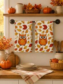 2pcs/4pcs/8pcs Thanksgiving Autumn Maple Leaf Pumpkin Owl Hand Towels, Harvest Festival Bathroom Towels, Dish Cloths, Vintage Farm Style, Suitable For Harvest Festival Kitchen Decor, Thanksgiving Party Event Decoration - Multicolor - View 4