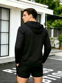Men's Sports Hoodie Sweatshirt, Printed Long Sleeve Drawstring Hooded Top For Outdoor Fitness, Running, Training And Casual Wear - Black - View 2