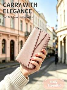 CHARM INFINITE Dompet Panjang Motif Leci Warna Pink Lembut untuk Wanita, Tas Clutch Minimalis dengan Resleting dan Motif Geometris, Dompet Kapasitas Besar dengan Banyak Slot Kartu - Berwarna merah muda - View 4