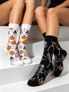 1/2 Pairs Halloween Mid-Calf Socks, White Pumpkin Wizard & Black Dancing Skeleton Print Casual Socks, Unisex - Multicolor - View 3