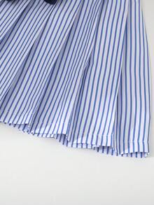BASUSARRI Young Girl Striped Pleated Skirt, Round Neck Sweatshirt Long Sleeve Ribbed Cuff Bow Decor Top, 2pcs Set, Autumn/Winter - Royal Blue - View 9