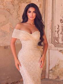 Luxurious Strapless Mermaid Evening Gown, Embellished With Sequins And Beads, Suitable For Weddings, Red Carpet Events, Banquets, And High-End Galas - Champagne - View 2
