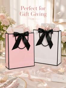 1 peça/2 peças/6 peças 2 Estilos Sacolas de Presente de Papel Rosa e Branco com Laço de Fita Preta e Alças de Corda, Sacolas de Compras Elegantes e Minimalistas para Aniversário, Casamento, Chá de Panela, Formatura, Feriado, Roupas, Cosméticos e Embalagem de Presentes, Sacolas Reutilizáveis - Bolsa tote com laço - Visão 5