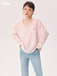 CHUU Printed Gradient T-Shirt Women Autumn Dopamine Lace Patchwork Sheer V-Neck Long Sleeve Top - Baby Pink - View 6