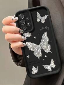 1 buah Casing Ponsel Motif Kupu-kupu Perak, Bingkai Kulit Hitam, Pelindung TPU Lembut Tahan Guncangan, Kompatibel dengan Ponsel GALAXY, HONOR, - Hitam - View 5