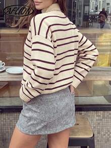 Women Summer Fall Black Stripe Turtleneck Loose Short Knit Sweater Top - Multicolor - View 2