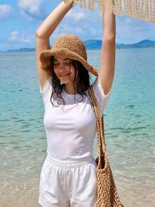 1pc Women's Foldable Wide Brim Sun Hat, Lightweight Khaki Straw Hat, Suitable For Summer Travel, Portable Design Bucket Hat, Best Back To School Gift - Multicolor - View 4