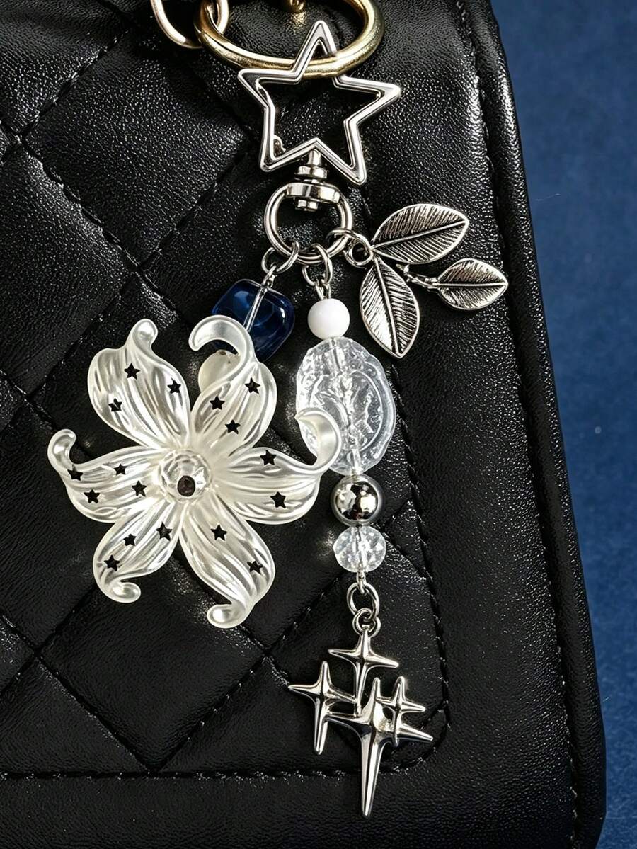 1Pc Y2k Flower Star Beaded Keychain Leaf Charm Metal Bag Pendant Fashion Handbag Accessory Gift Ornament - Multicolor - View 1