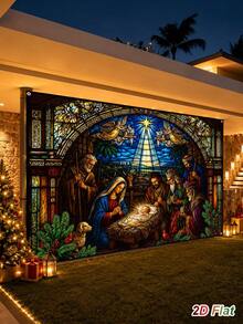 1pc Christmas Glowing Backdrop Cloth With Birth Of Jesus Design, Merry Christmas Hanging Background Cloth, Photo Booth Backdrop, Holiday Party Backdrop Banner, Christmas Decoration, Xmas Decor, Winter Home Decor - Multicolor - View 2