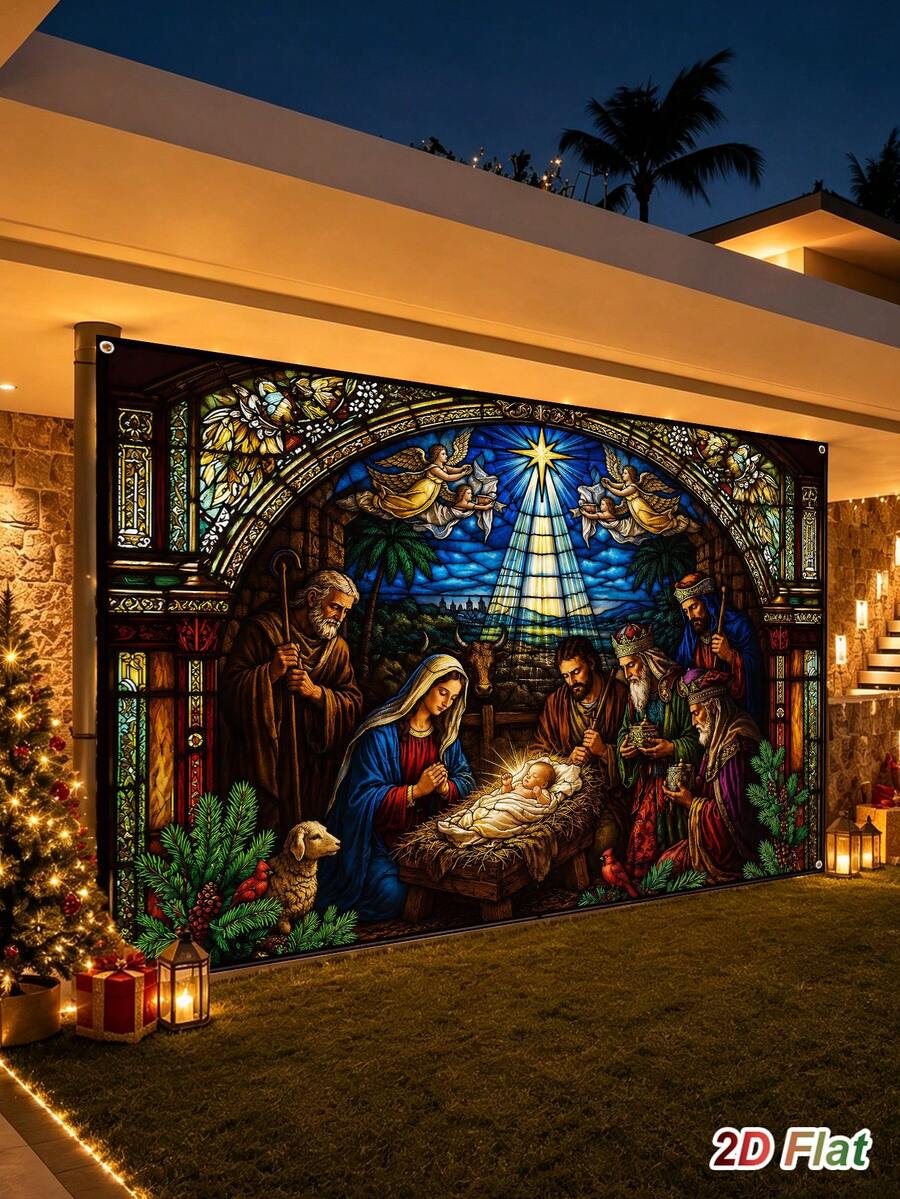 1pc Christmas Glowing Backdrop Cloth With Birth Of Jesus Design, Merry Christmas Hanging Background Cloth, Photo Booth Backdrop, Holiday Party Backdrop Banner, Christmas Decoration, Xmas Decor, Winter Home Decor