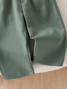 Baby Boy Fashionable Handsome 2-Piece Set Bow Decor Front Button Long Sleeve Shirt + Pleated Suspenders Straight Leg Pants - Green - View 5