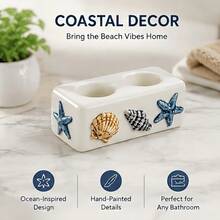 1pc Ocean Style Ceramic Toothbrush Holder, Bathroom Counter Organizer For Toothbrush & Toothpaste, Coastal Shell Design Storage Rack - Multicolor - View 5