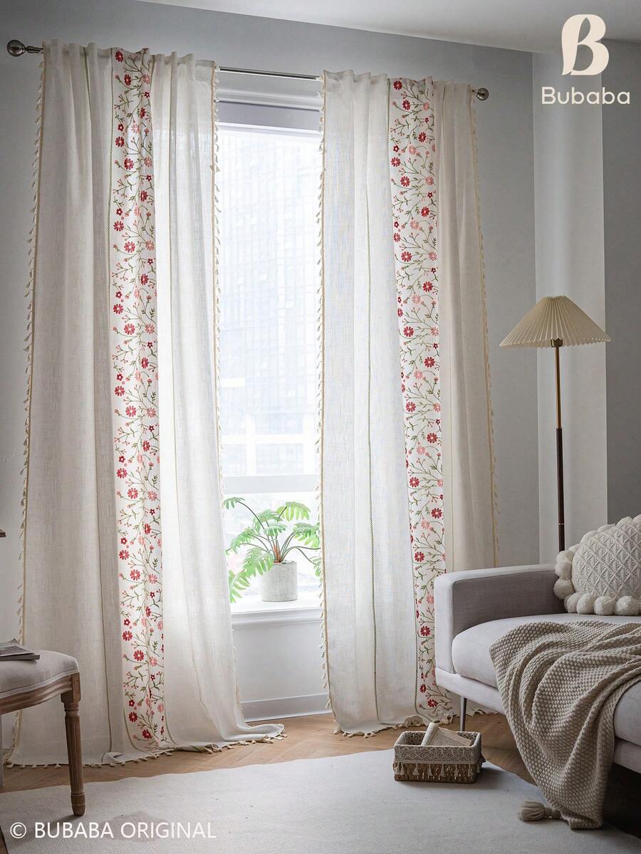 Bubaba Boho Floral Embroidered Sheer Curtain Panels With Tassel Trim, Linen-Look Semi-Sheer Window Drapes For Living Room, Bedroom And Farmhouse Home Decor - Beige - View 1