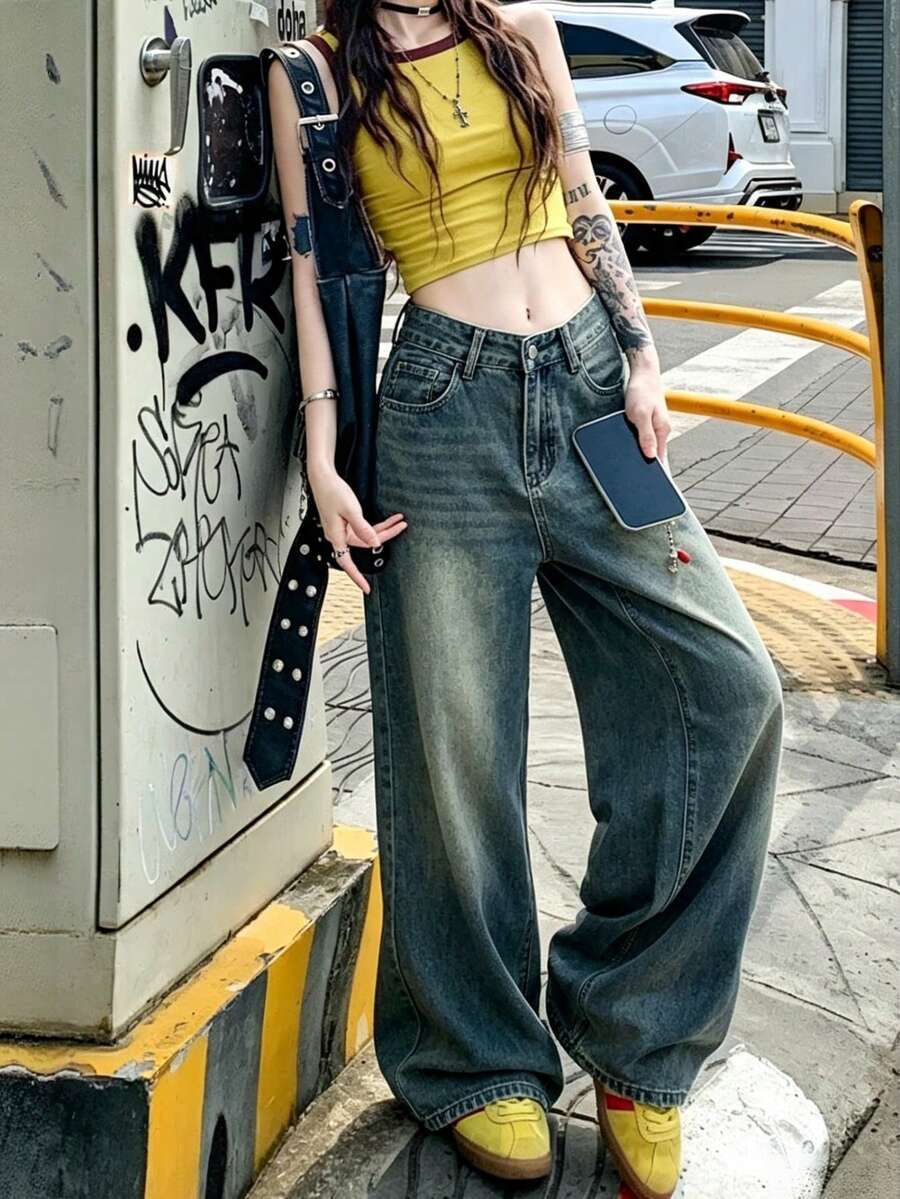 1件女款復古水洗口袋寬腿牛仔褲，休閒百搭寬鬆直筒牛仔褲 - 藍色 - 查看 1