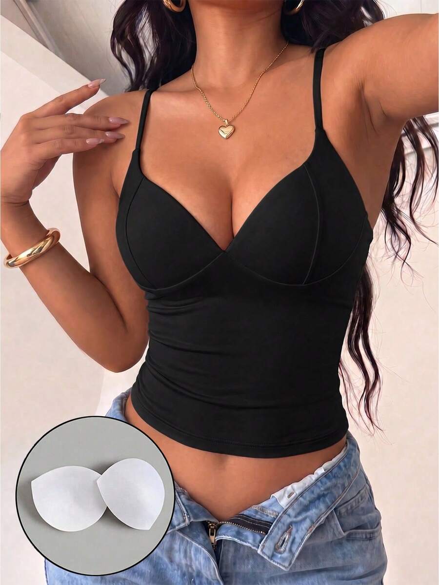 春夏季性感極簡Y2K純色細肩帶高彈力修身休閒運動約會派對女款背心上衣 - 黑灰色 - 查看 1