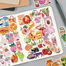 50pcs Watercolor Aesthetic Fun Doodle Stickers, Including Fruit, Bread And Beverage Elements, Mediterranean Style Gift Decoration Scrapbook, Vinyl Stickers Suitable For School Supplies, Laptop, Skateboard, Diary, Phone, Water Bottle, Guitar, Luggage And More - Multicolor (B) - View 3