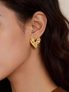 1 Pair Vintage Gold Hammered Heart Earrings, Stainless Steel Material, Fade-Resistant, Hypoallergenic, Fashion Elegant Women's Jewelry, Suitable For Daily Wear, Party Occasions, Can Be Used As A Gift - Yellow Gold - View 6