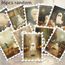 36pcs Vintage Halloween Ghost Pumpkin Postage Stamp Style Stickers, Antique Matte Tone, Spooky Cute Ghost, Full Moon, Jack-O'-Lantern, Mushroom, Bat Window House Decoration Design, Suitable For Junk Journal, Planner, Notebook, Photo Album DIY Craft Materials - A - View 10