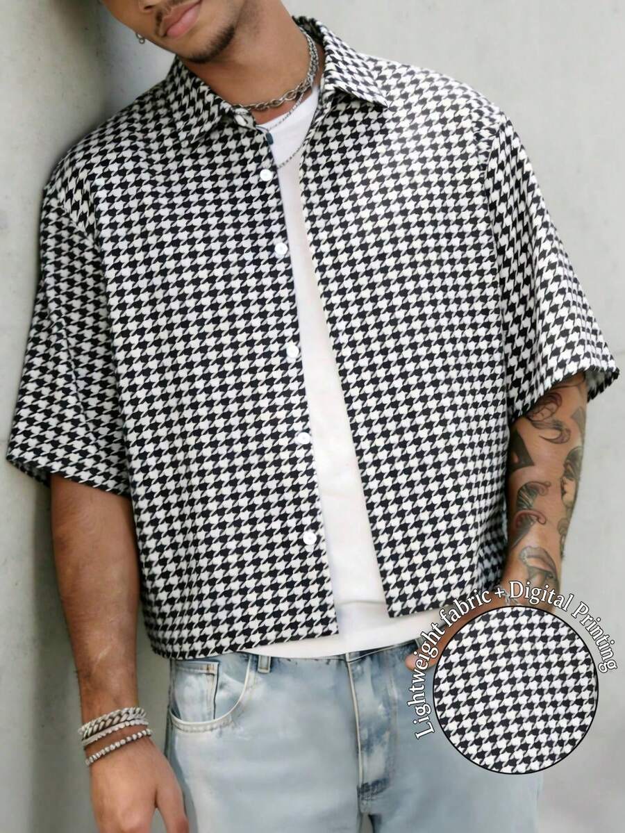 Men's Black & White Houndstooth Slim Fit Short Sleeve Casual Shirt, Street Style - Black and White - View 1