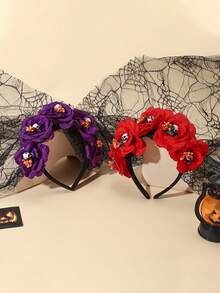 Rose Skull Flower Element - Day Of The Dead Headpiece - Halloween Flower Skull Headband - Spider Web Crown Party Hair Accessory - Multicolor - View 2