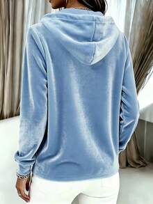 1pc Solid Color Velvet Drawstring Button Front Hooded Top For Women, Casual Beach Wear, Autumn/Winter - Blue - View 2
