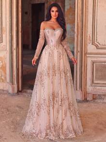 Elegant Off-Shoulder Sequin Satin Evening Gown With Ruched Details And Mermaid Tail Skirt, Suitable For Evening Parties, Weddings, Balls And Anniversary Celebrations - Pink - View 6