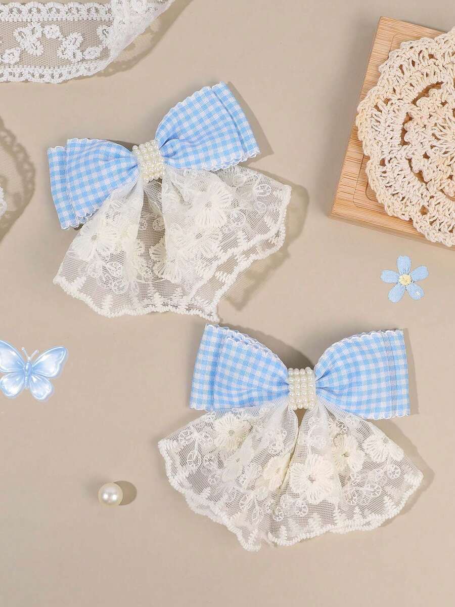 2 pièces pinces à cheveux à nœud en dentelle à carreaux bleus avec décoration de fleur en tulle et grappe de perles, accessoires capillaires doux et mignons pour mariage et usage quotidien pour filles - Multicolore - Voir 1