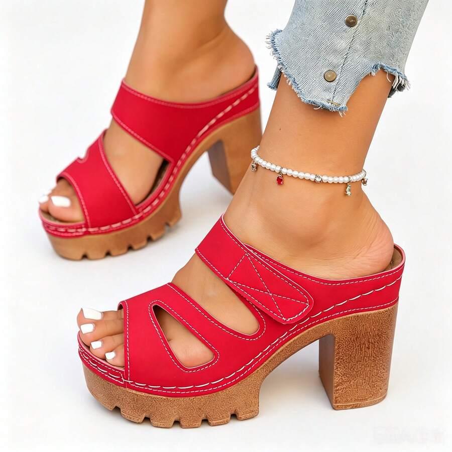 Women's Hollow Out Thick Sole Mule Sandals, Hook And Loop Strap Chunky Square Heel Slip-On Shoes, Red