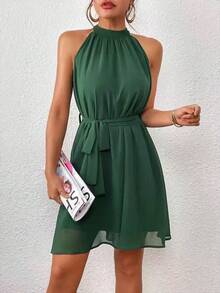Sleeveless Solid-Color Halter Dress, Fashionable For Summer - 綠色 - 查看 10