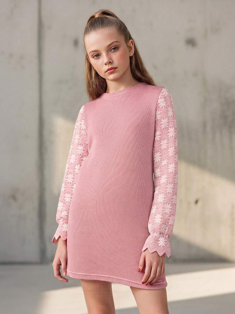 Tween Girl Knit Long Sleeve Slim Fit Floral Fashion Party Gathering Short Dress - Pink - View 1