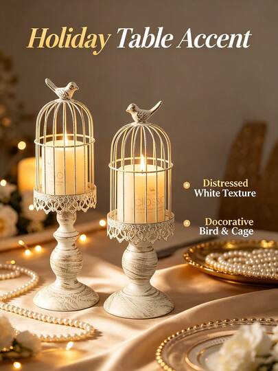 Set Of 2 Vintage-Style Candle Holders/Charming Ambiance/Perfect For Decorating Outdoor Spaces/Adding Festive Touch To Courtyard,Vintage Birdcage Candle Holder Decoration, European-Style Ironwork Candle Stand Decoration.