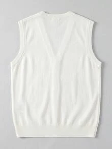 Men's Minimalist Solid White V-Neck Button-Up Knit Vest, Vertical Texture Sleeveless Cardigan, Spring/Autumn Inner/Outer Layering Waistcoat - White - View 5