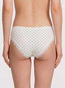 Aesletic Minimalist Cream White Polka Dot Ribbed Women's Comfortable Panties, Water-Soluble Floral Embroidery Bow Lace Trim Triangle Briefs - White - View 2