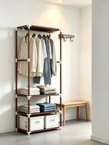 Multi-Tier Freestanding Garment Rack Open Clothes Closet Organizer, Sturdy Storage Shelf With Hanging Rod, Space Saving Clothing Display Stand, For Bedroom, Dorm, Apartment & Laundry Room, Ideal For Home Users & Small Living Spaces - View 2