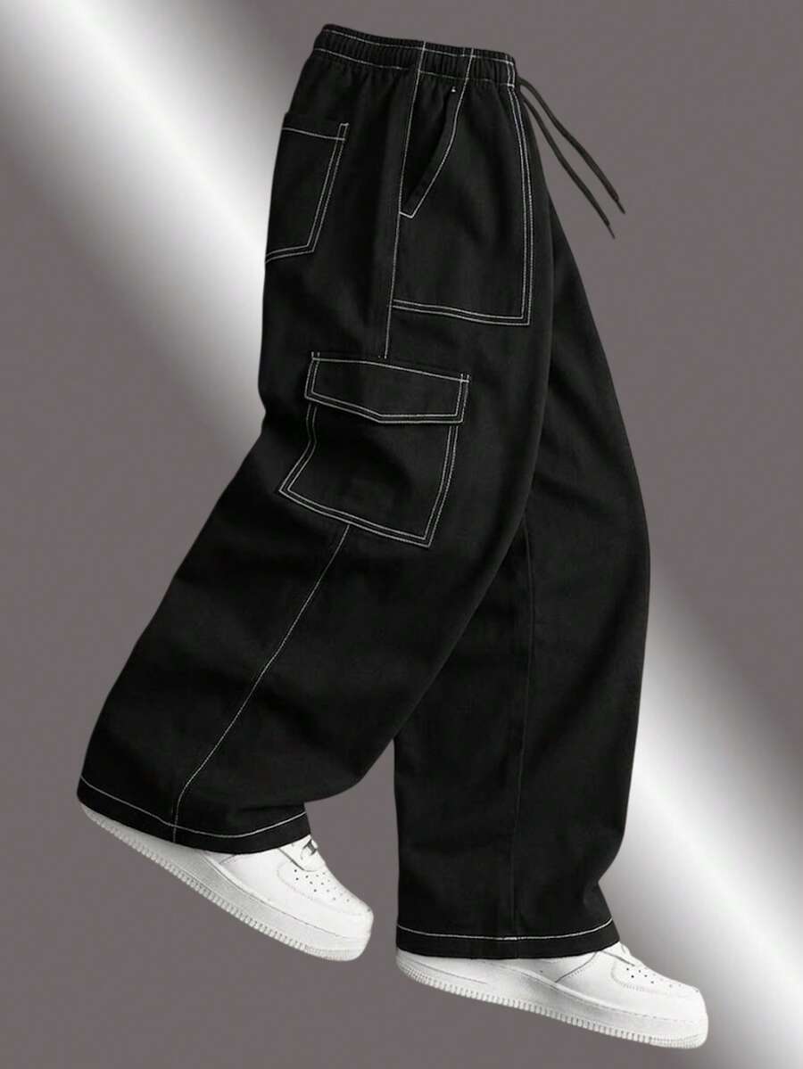 Men's Lightweight Contrast Stitching Cargo Pants, Loose Fit, Elastic Drawstring Waist, Multi-Pocket Design, Daily Commute / Streetwear / Casual Versatile, High Street Style Long Pants, Perfect Gift For Boyfriend And Dad