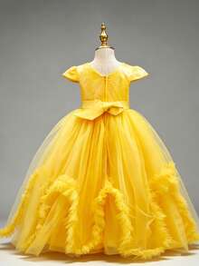 Girls Long Dress, Performance Dress, Flower Girl Wedding Dress, Sweet Princess Dress, Bow Tulle Dress For Wedding, Birthday, All Seasons - Yellow - View 5
