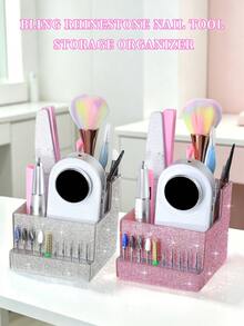 1pc Rhinestone Luxury Nail Tool Storage Organizer Box, Multi-Slot Nail Accessory Storage Container, Holds Nail Drill, Nail Files, Nail Brushes, Nail Drill Bits, Suitable For Nail Studio, Home Nail Desk Decoration Storage Rack - Multicolor - View 9