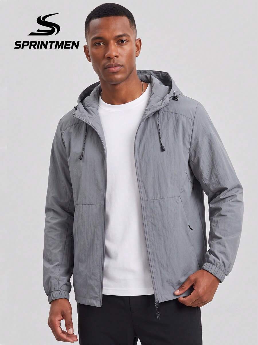 1pc Dark Grey Hooded Men's Casual Jacket, Lightweight & Comfortable, Hooded Drawstring, Outdoor Men's Top, Sporty Style, Machine Washable, Hiking, Camping, Daily Commute, Men's Casual Jacket - Grey - View 1