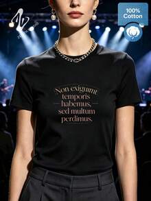 Time Philosophy Simple Retro Pure Cotton Classic Short Sentence Print Women's Short Sleeve Daily Streetwear Spring/Summer - 黑色 - 查看 1