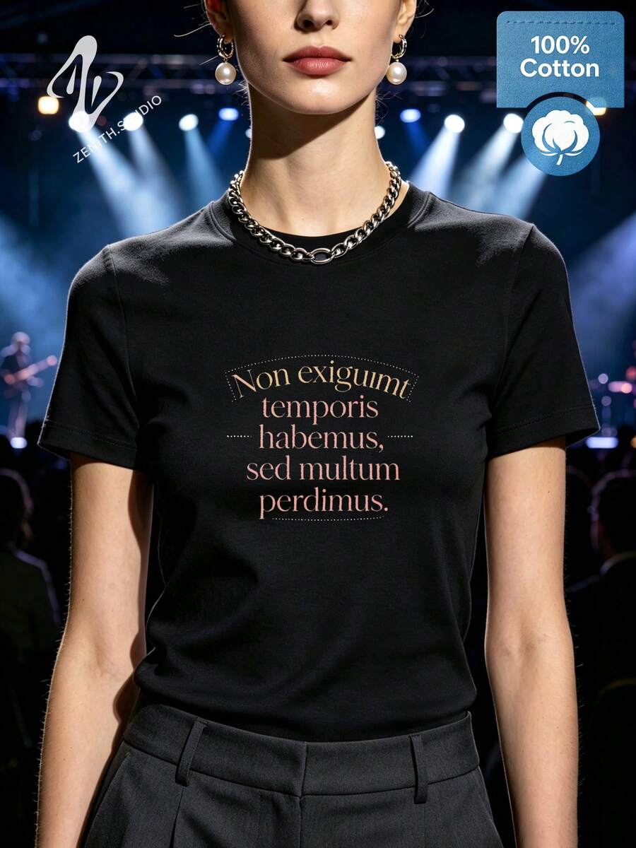 Time Philosophy Simple Retro Pure Cotton Classic Short Sentence Print Women's Short Sleeve Daily Streetwear Spring/Summer - 黑色 - 查看 1