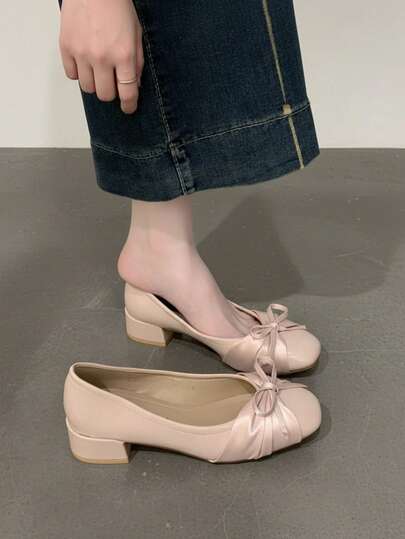 Bow Pleated Square Toe Low Heel Pumps, Plus Size Women's Spring Gentle Style Commuter Shoes