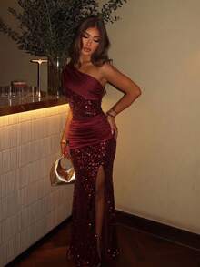 CHOSMO 閃亮浪漫性感優雅裝飾針織亮片拼接女款洋裝 秋季派對婚禮 - 酒紅色 - 查看 3