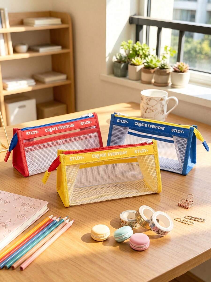 1pc Preppy Colorblock Clear Mesh TPU Oxford Fabric Rectangular Pencil Case With Zipper, Multi-Layer Large Capacity Letter Print Cosmetic Bag, Portable Student School Office College Supplies Desk Stationery Organizer, All-Season