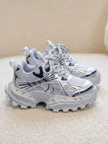1 Pair 2026 New Kids' Chunky Sneakers, Metallic Texture Patchwork Design, Cool Casual Style, Suitable For Children's Outings And Daily Wear - Grey - View 5