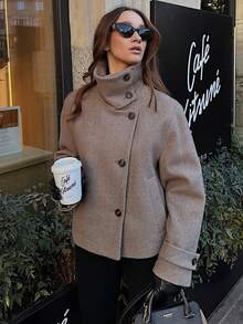 THREADLY Autumn/Winter New Women's European And American Style Fashion Minimalist Versatile Stand Collar Jacket - Khaki - View 1