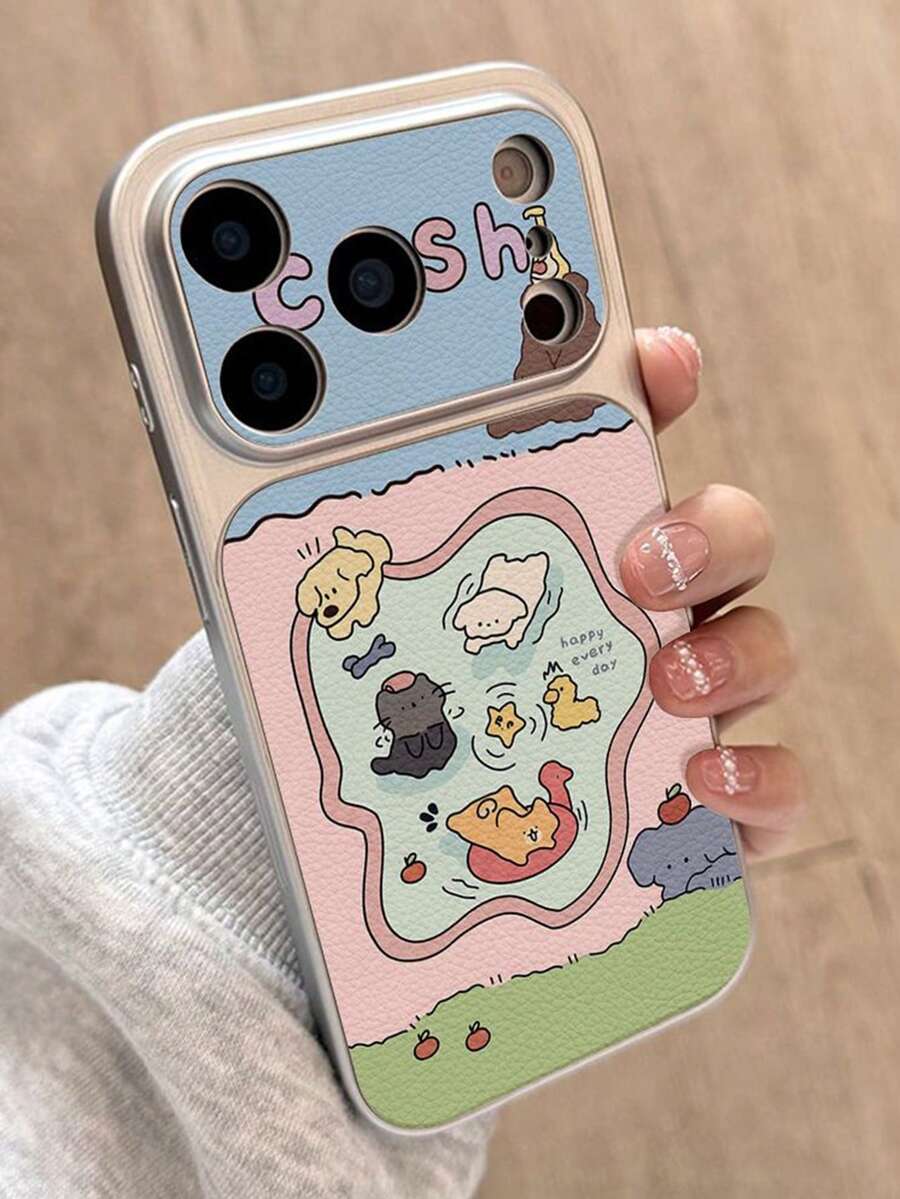1pc Large Window Lychee Texture Color Block Summer Animal Park Style Fresh Color Minimalist Phone Case White To Lychee Texture Suitable For 13/14/15/16/17 PRO PROMAX PLUS Full Coverage Large Window Phone Case - Multicolor - View 1