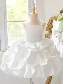 Young Girls Spaghetti Strap Ruched Satin Elegant Flower Girl Princess Dress, White Puff Party Gown, Headband Not Included - White - View 1