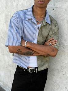 Men's Casual Streetwear American Style Colorblock Striped Rhinestone Cuban Collar Short Sleeve Shirt - Army Green - View 3
