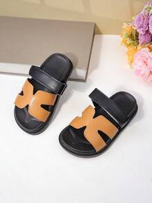 1 Pair Kids' Cool Contrast Color H-Shape Geometric Splicing Soft PU Material Non-Slip Wear-Resistant Open Toe Hook And Loop Flat Casual Slippers, Suitable For Summer Shopping/Family Outing - Black - View 2