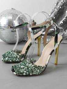 Sandalias de tacón alto con punta cuadrada y sin cordones, moda primavera/verano - Verde - Ver 15